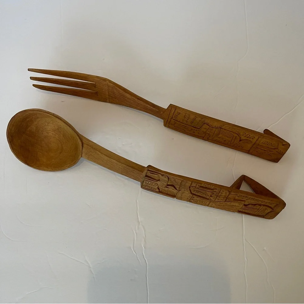 Vintage Carved Teak Salad Servers Fork/Spoon